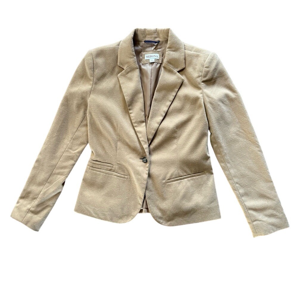 Merona Womens Tan Wool Blend Single Button Blazer Jacket Pink Accent Size 6